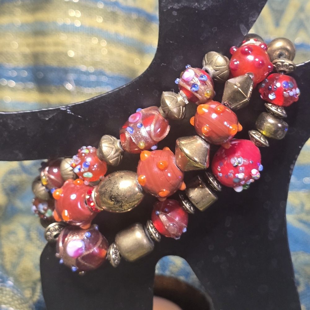 Artisan Red Lampwork and Golden Brass Glass Bead Stretch Bracelet Set